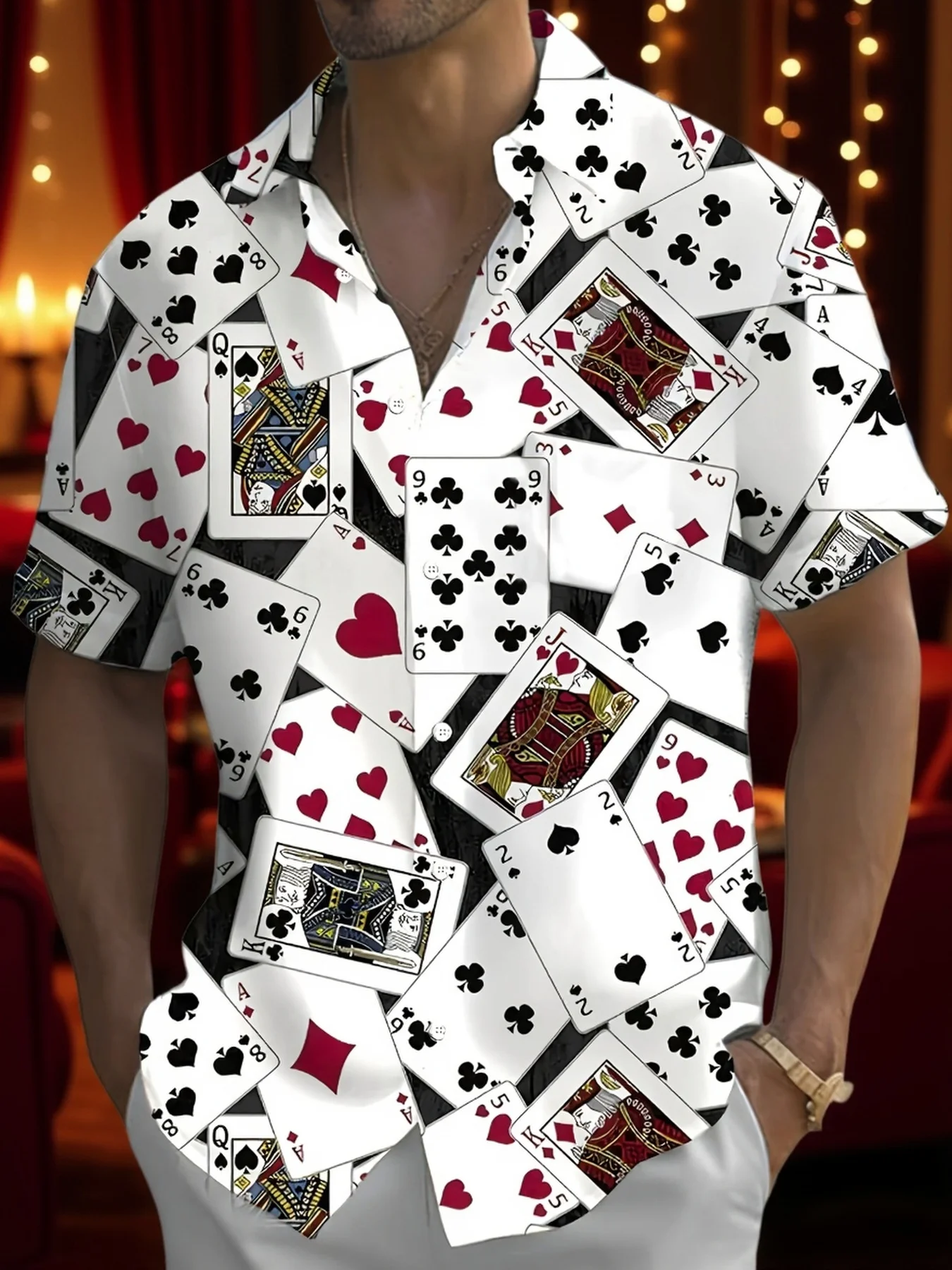 camisa-havaiana-casual-masculina-com-estampa-de-cartas-de-poker-gola-camp-manga-curta-e-botoes-para-festas