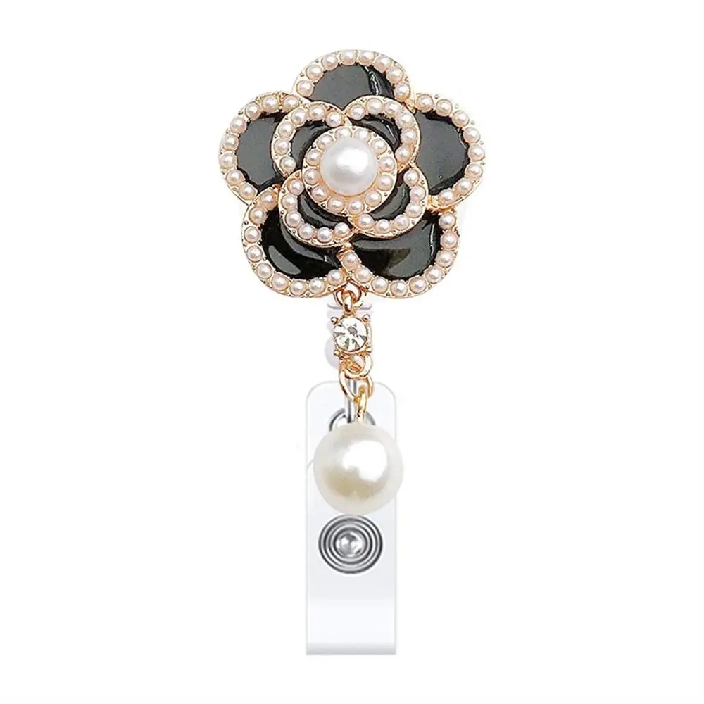 Elegant Nurse Badge Reel Pearl Floral 360 Rotation Retractable Badge Holder Work Card Alligator Clip Easy Pull Buckle