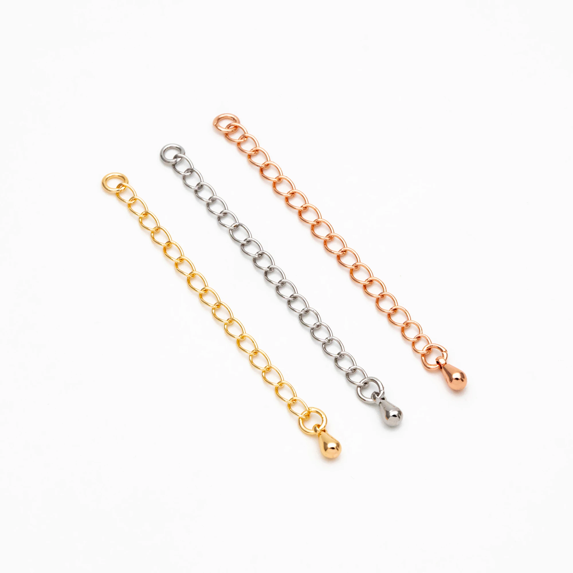 10pcs/Lot Extender Chain with Teardrop Charm and Jump Ring For Jewelry Making, Gold/ Rhodium/ Rose Gold Plated Brass (GB-356)