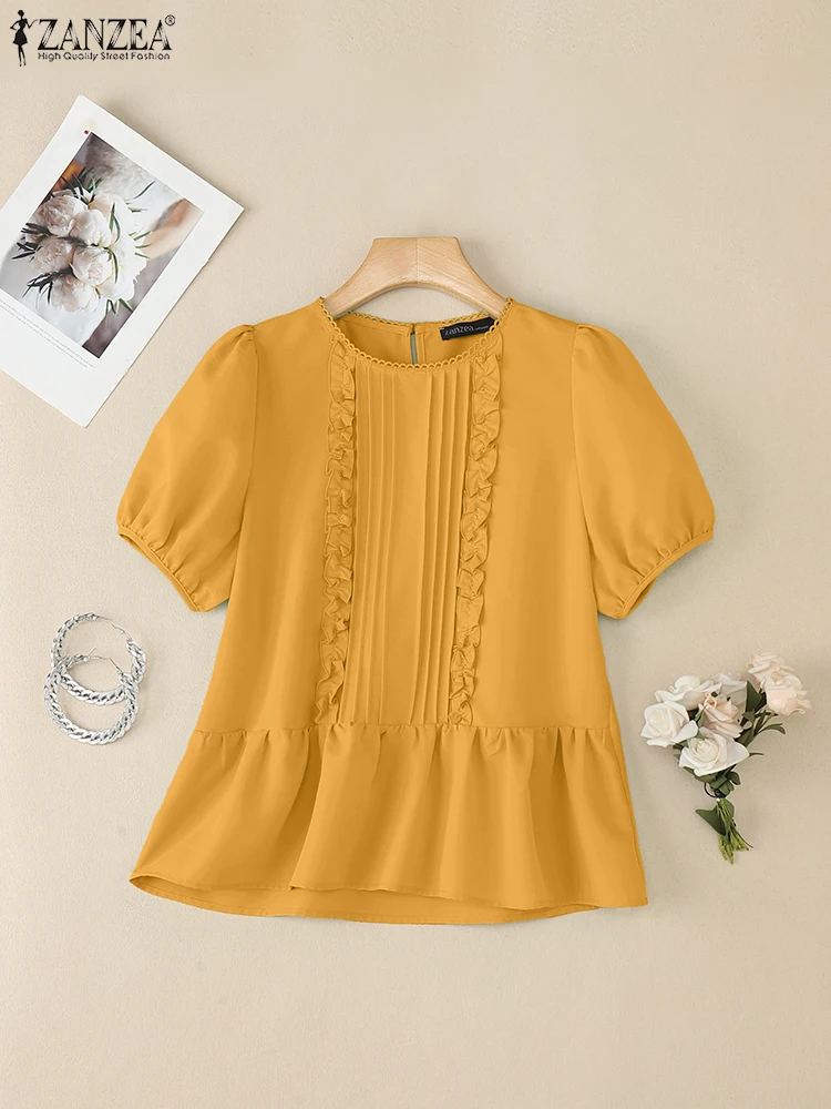

ZANZEA Women 2025 Summer Blouses Stylish Office Pleated Shirts Female O Neck Tops Elegant Short Sleeve Solid Work Blusas Mujer