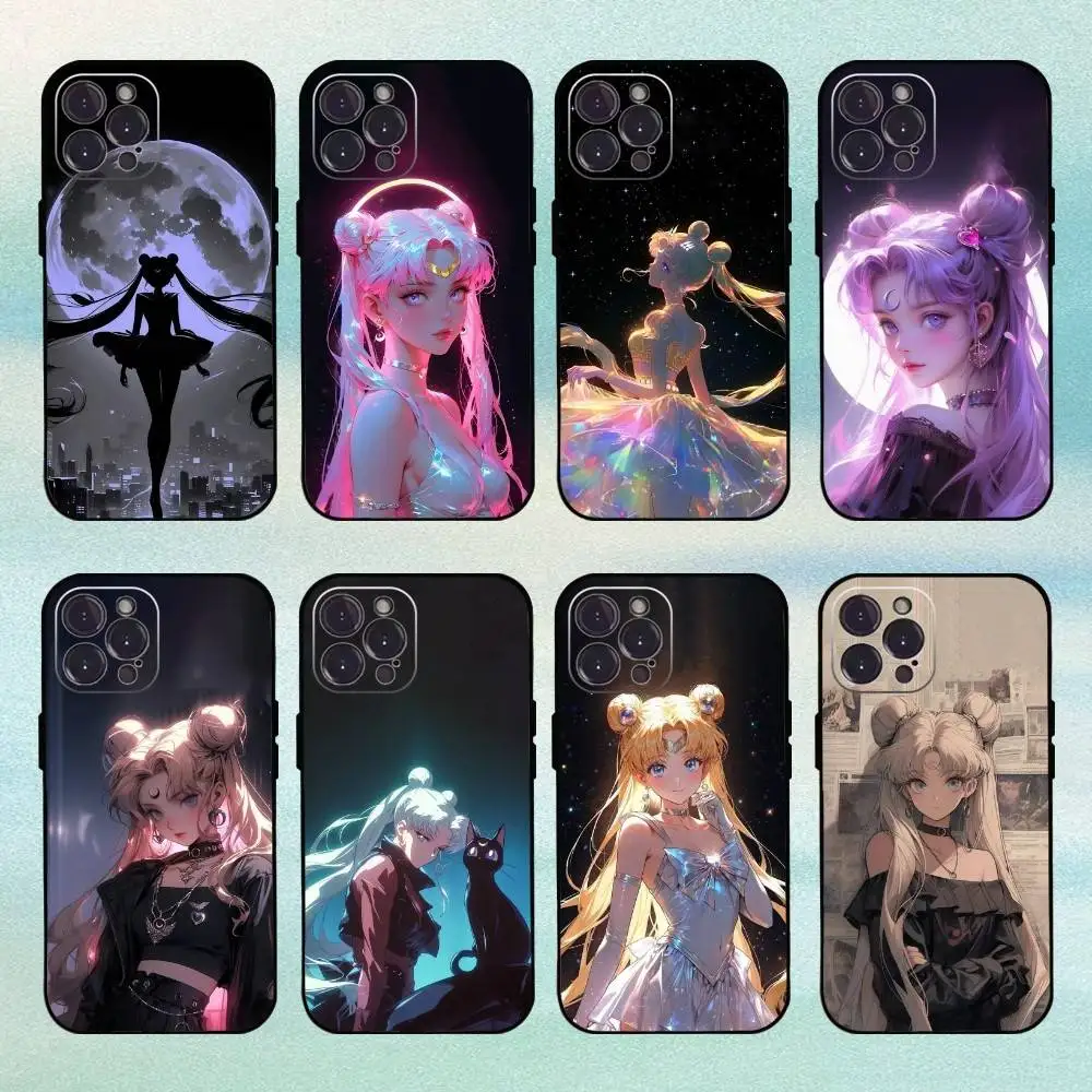 

Anime S-Sailor-M-Moon Phone Case For iPhone 16,15,14,13,12Plus,Pro Max,XS,5G Soft Silicone Black Cover