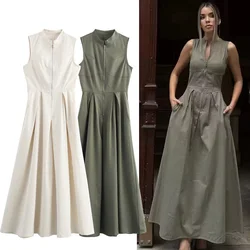 HXAO 2024 Woman Sleeveless Dresses Green White Women's Dress High waist Midi Dresses Evening Long Dresses