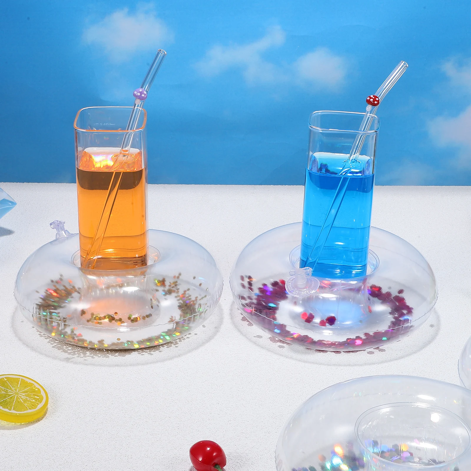 10Pcs Inflatable Drink Holder Glitter Floating Cup Holder Donut Shell Shape Pool Party Floating Coaster Swimming Pool