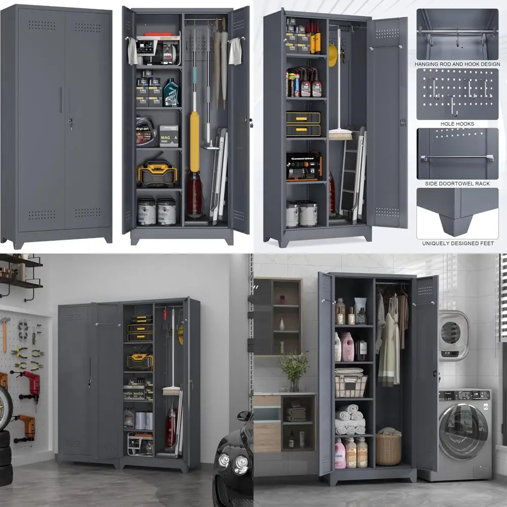 ตู้เก็บของโลหะทรงสูงมีประตู ตู้เก็บไม้กวาดพร้อมแผ่นเพ็กบอร์ดแบบถอดได้ ราวแขวน และตะขอรูปตัว S เพื่อการใช้งานที่สะดวก