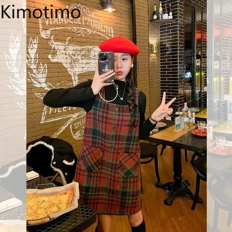 Kimotimo Christmas Red Plaid Strap Dress Women 2024 Autumn Winter Sleeveless Woolen Base Dresses Vintage Sweet Slimming Vestidos