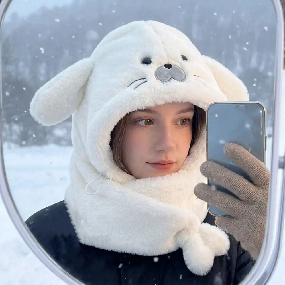Fashion Fleece Seal Plush Hooded Scarf Cute Solid Color Mask Pullover Hat Warm 3 in 1 Earflap Hat Streetwear