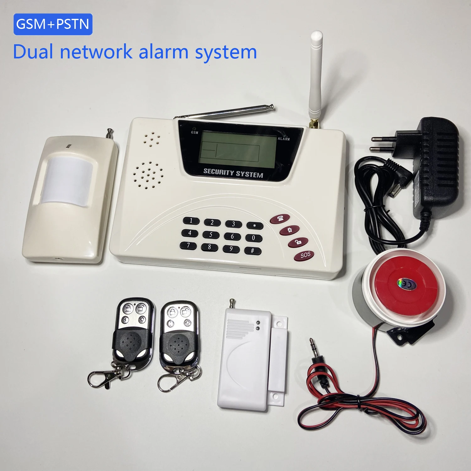 

1 комплект, охранная сигнализация, система безопасности, GSM PSTN, двойная сеть, 433 МГц, беспроводной пульт дистанционного управления, PIR-детектор движения, датчик открытой двери