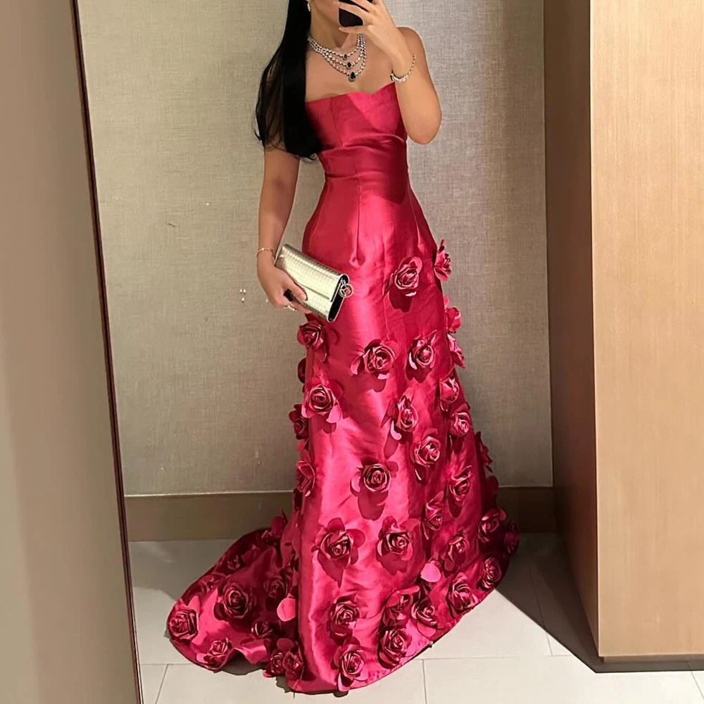 Customized Exquisite Satin A-Line 3D Flowers Evening Dress Temperament  Sleeveless Strapless vestidos para mujer