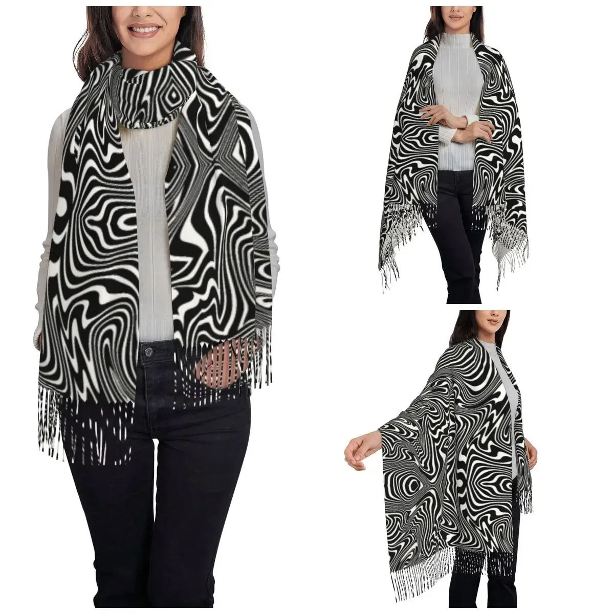 Psychedelic Trippy Hippie Scarf for Womens Winter Fall Pashmina Shawls and Wrap Long Large Scarves with Tassel for Evening Dress