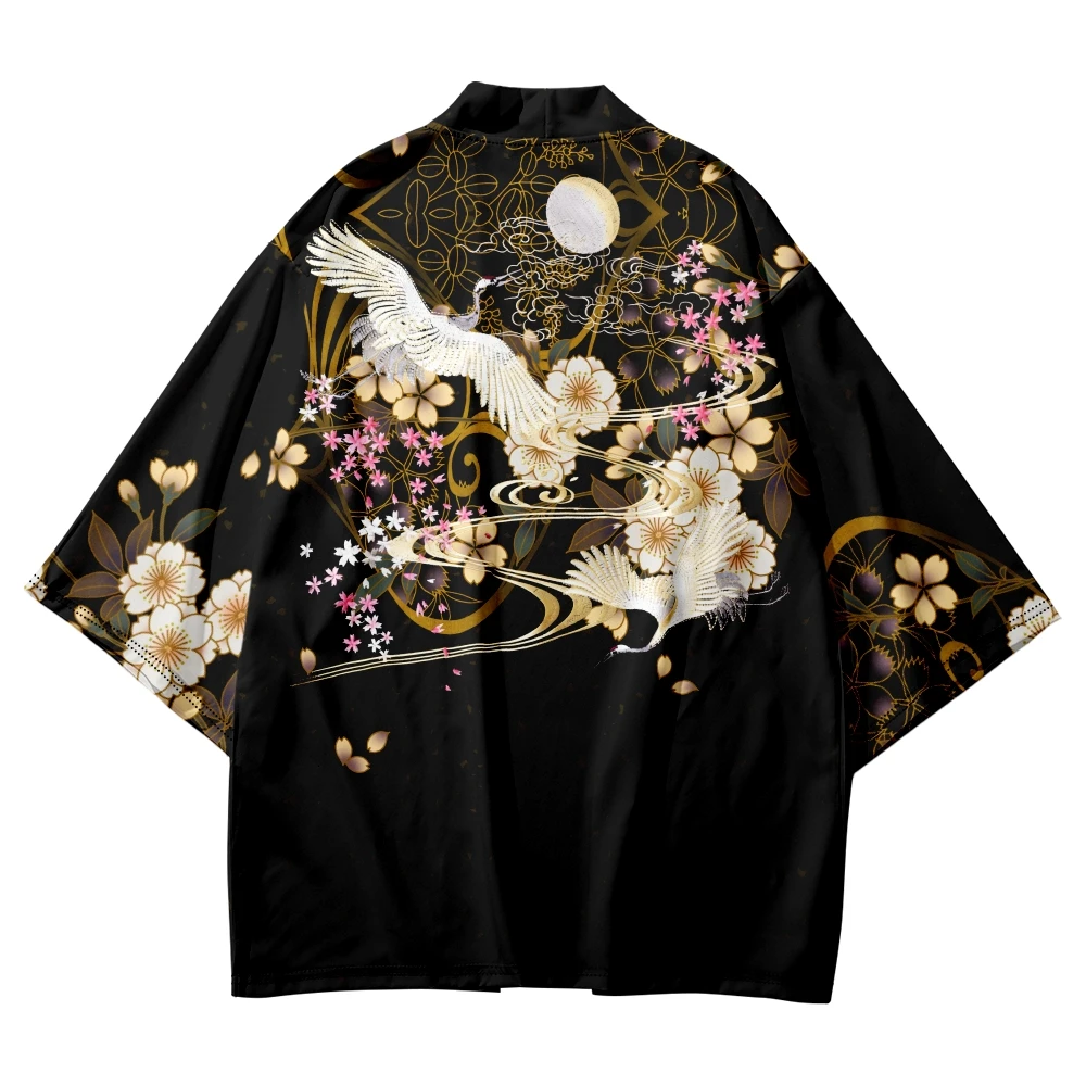 

Summer Beach Japanese Cosplay Kimono Chinese Style Crane Printed 3/4 Sleeve Shirt Haori Fashion Yukata Women Men Robe