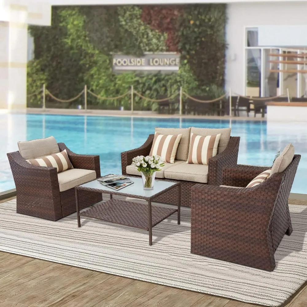 

Outdoor Furniture 4-Piece Conversation Furniture Set All Weather Brown Wicker with Beige Cushions & Sophisticated Glass Coffee