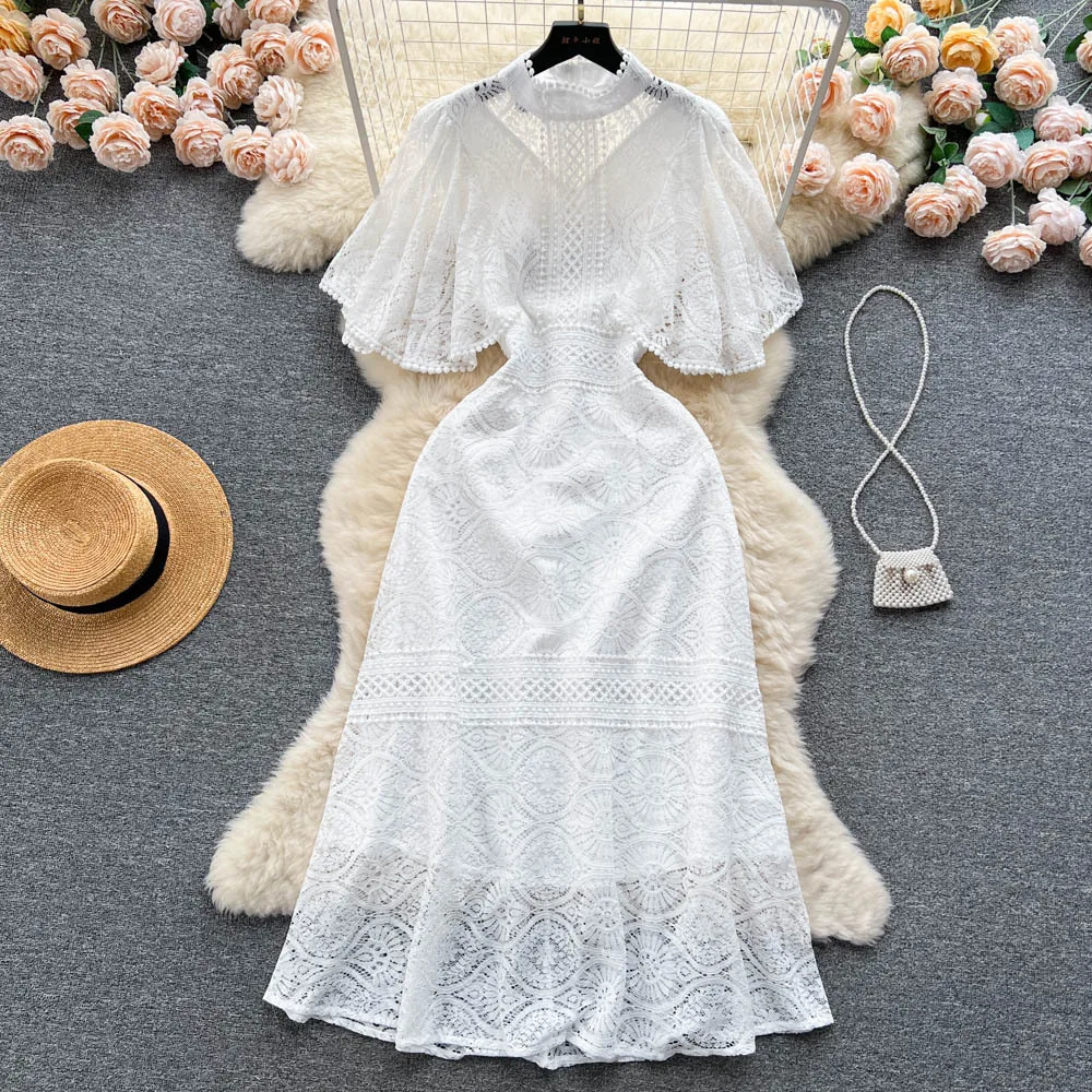 

White Dress Women Long Dresses Lace Floral Embroidery A Line Vestidos Streetwear Ruffles Sleeve Elegant Hollow Out Y2k Party
