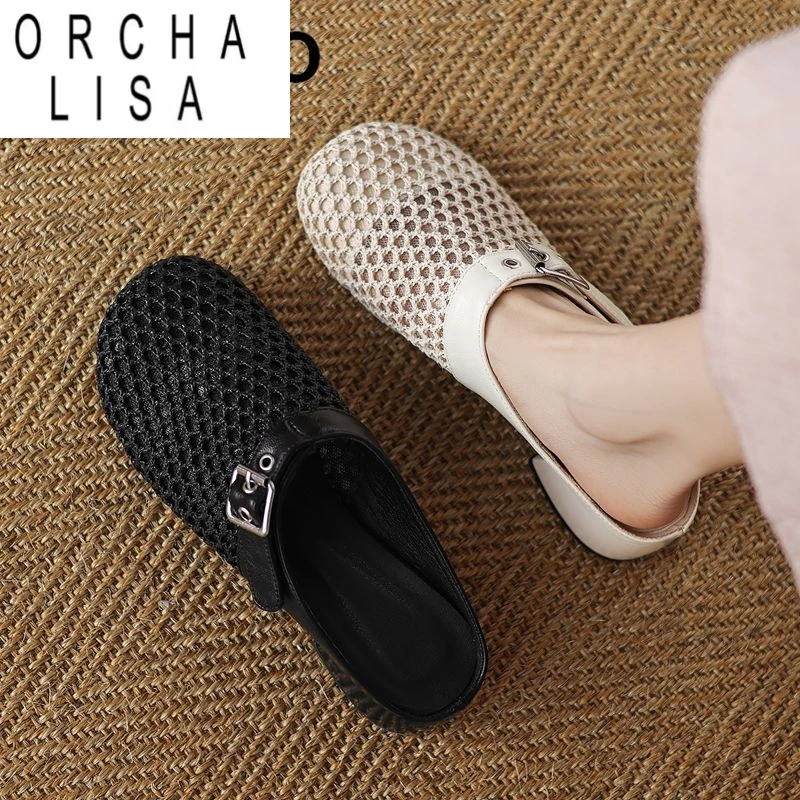 

ORCHA LISA 2025 Новый дизайн Женские сандалии с круглым носком на среднем каблуке 3,6 см Дышащий сетчатый ремень с пряжкой Слипоны Мюли Большой размер 41 42 43