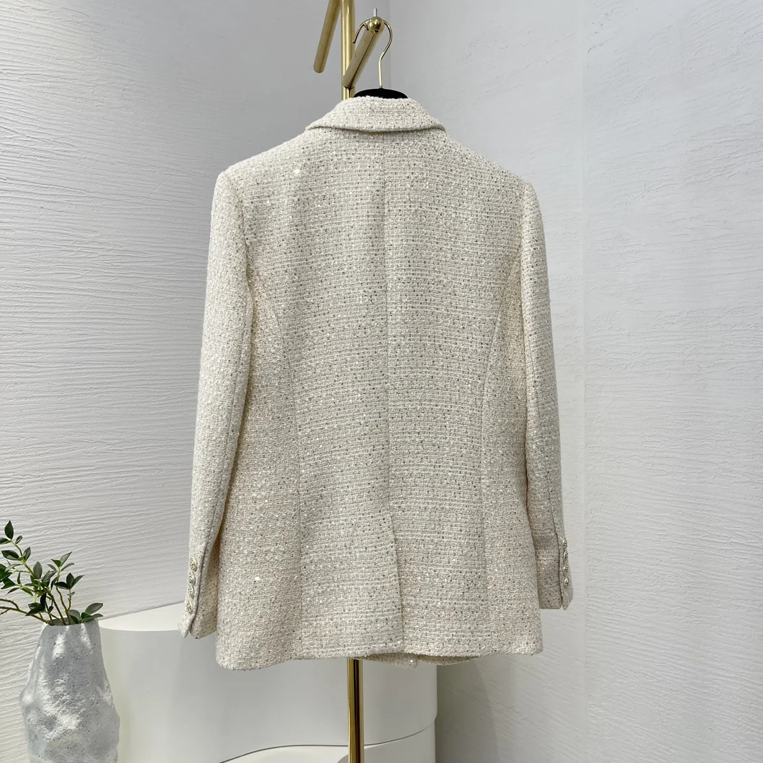 2024 New Autumn White Casual Office Beige Gold Shinning Sequins Long Sleeve Tweed Jacket for Women