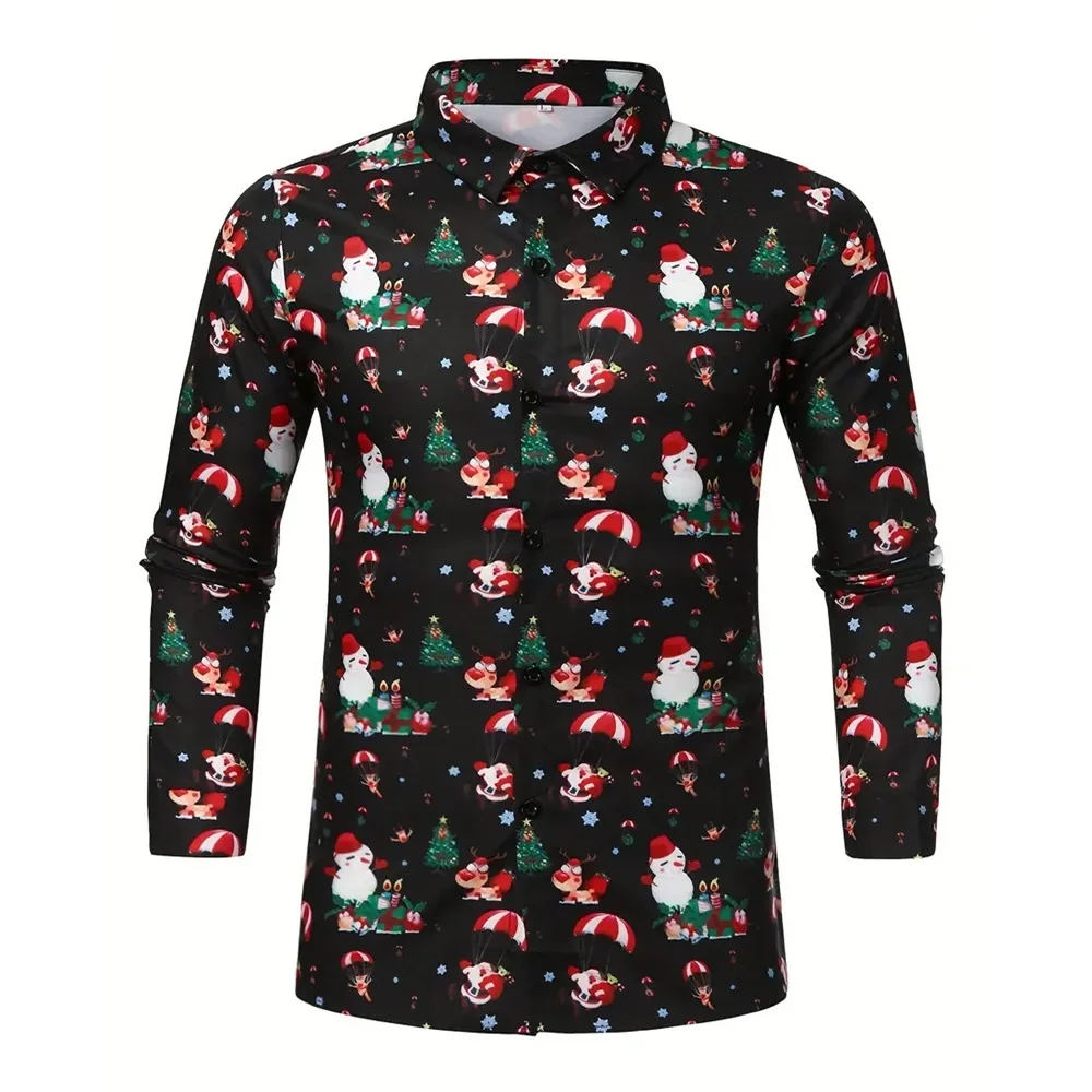 عيد الميلاد الرجال 3D شجرة عيد الميلاد قميص مطبوع سانتا نمط زر قميص طويل أزياء طويلة الأكمام قميص قمم نمط الفردية