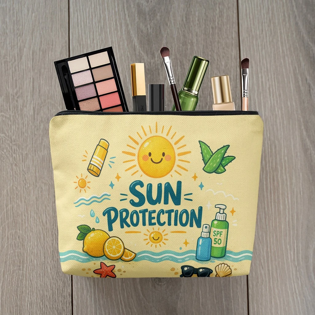 1pc Sunscreen And Sunny Happiness Makeup Bag | Foldable & Portable Toiletry Bag With Zipper Closure, Ideal For Travel Storage
