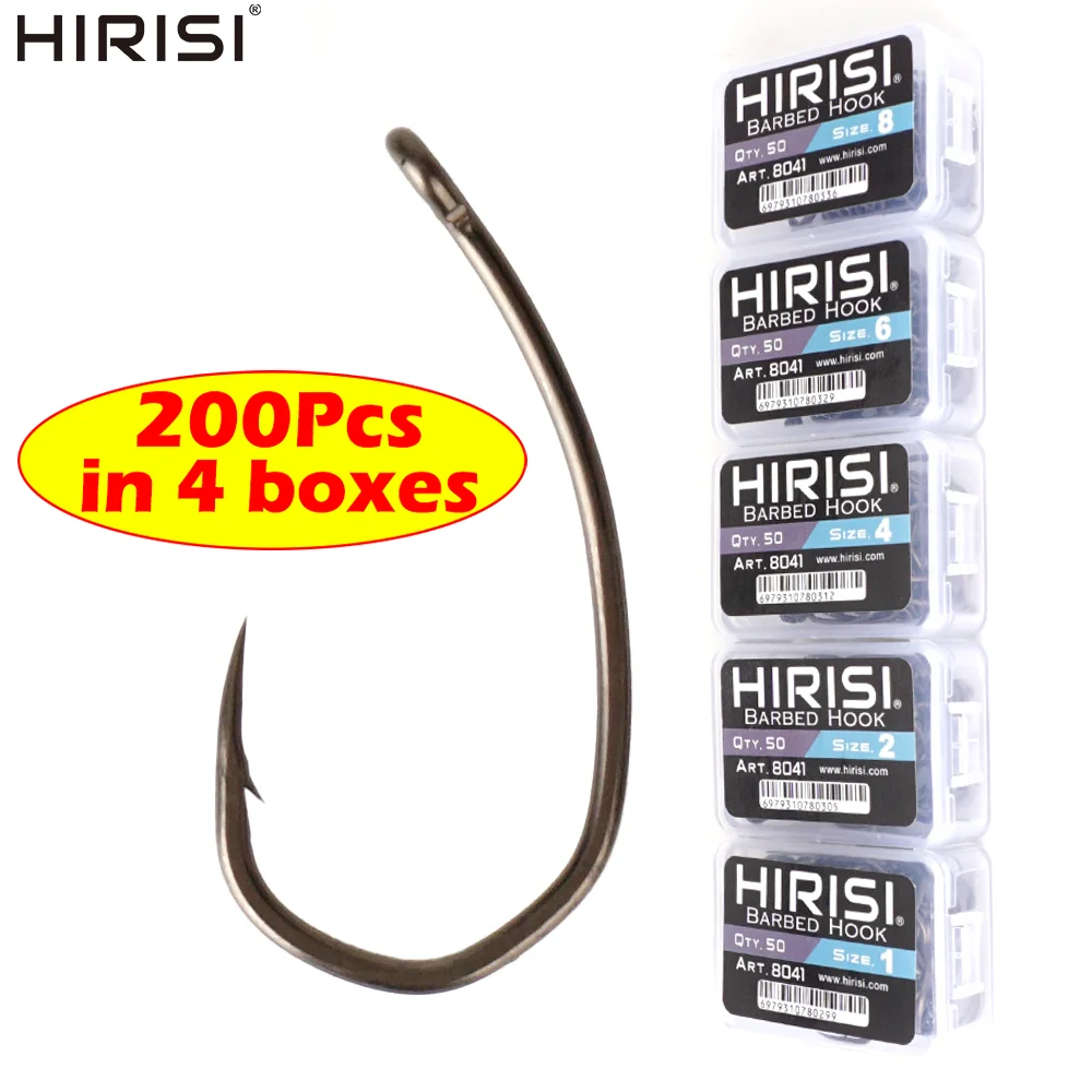 Hirisi 8041 200 Stück PTFE-beschichtete Angelhaken aus Hochkarbon-Edelstahl Rostfrei Scharfe Spitze mit Widerhaken und Öse für Angelzubehör