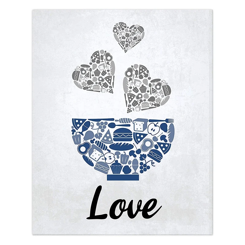 Blue Navy Cobalt Grey White Vintage Inspirational Kitchen Restaurant Cafe Bar Wall Art Decorations Eat Drink Love Wine