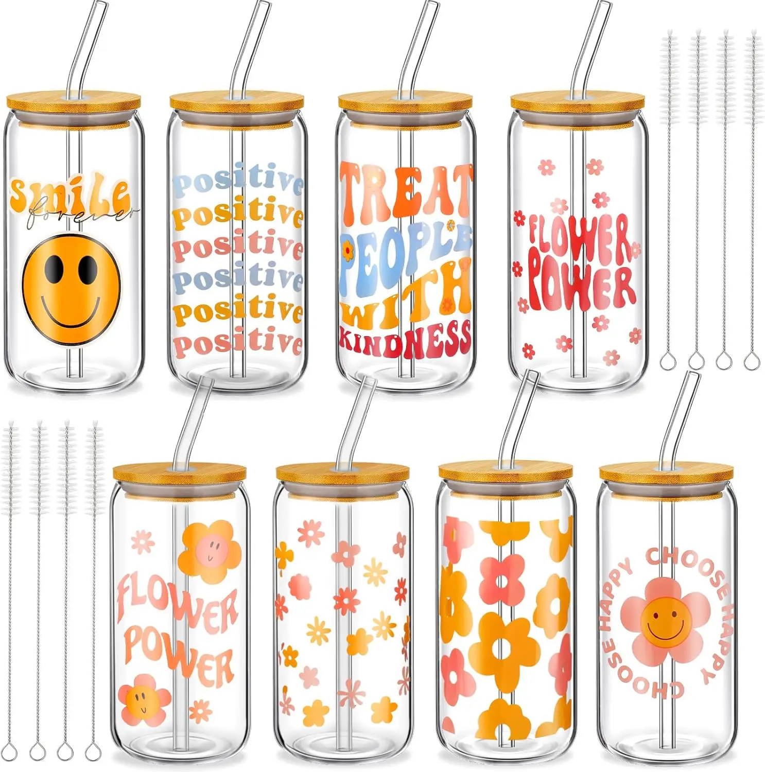 

8 Pcs Glass Cups with Lids and Straws - Retro Ice Coffee Cup Smile Face Daisy Beer Drinking Jars for Valentine's Day Gift