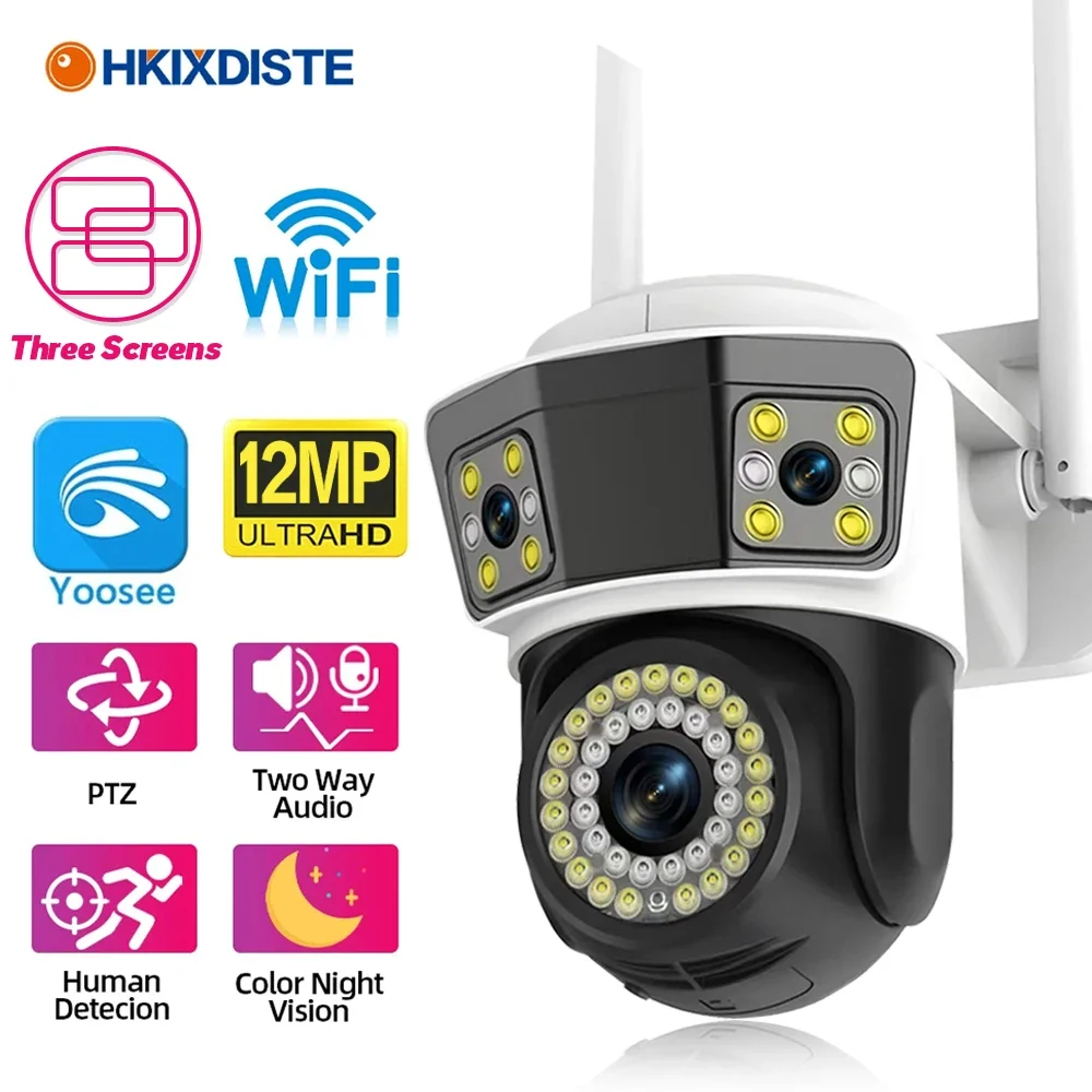 

12MP Three Lens Screens Smart WIFI Security Camera Outdoor Wireless CCTV PTZ Video Sureveillance Cameras Yoosee Auto Tracking