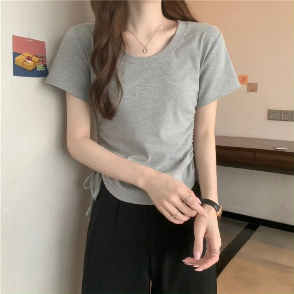 Pullover Drawstring Short-Sleeved T-Shirt Solid Color Ins Style Square Neck Basic Tees Shirt Women's Clothing Simple