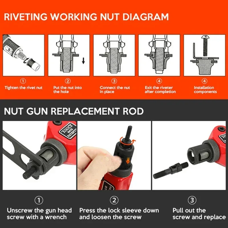 100Pcs Flat Head Riveting Nut Set with 1Set Hand Threaded Rivet Nut Gun With BT606 Insert Manual Riveter Riveting Rivnut Tool