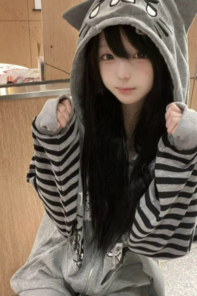 Y2k roupas listradas com capuz zip up hoodie roupas femininas manga longa outono topos kawaii impressão moletom com capuz zip-up casaco