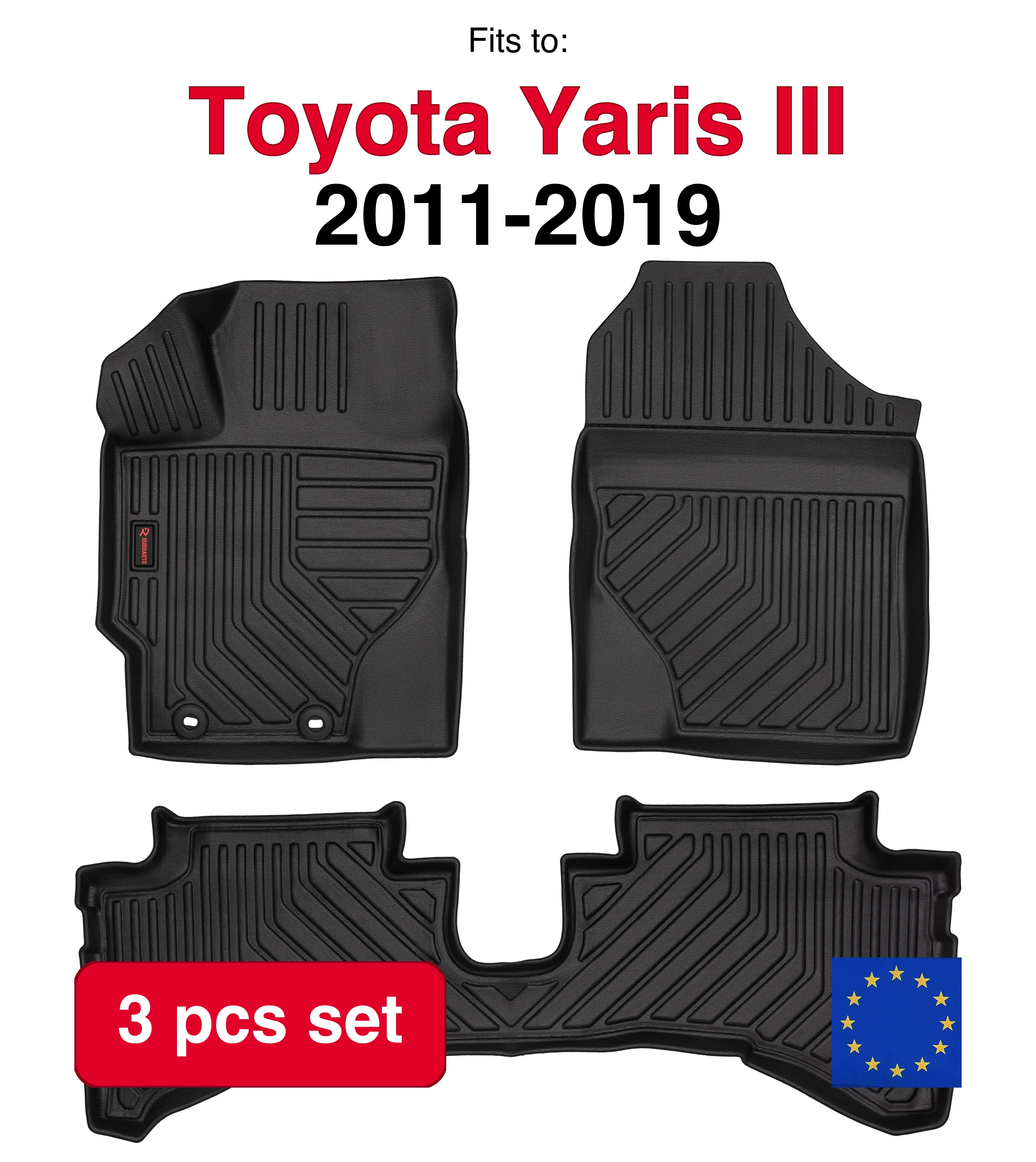 Image of 3D-Gummi-Autoteppiche für Toyota Yaris III Benzin (2011–2019) – Schwarz passend (3 Stück)