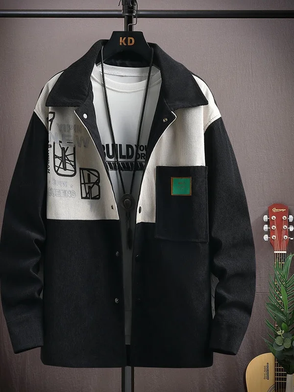 

Loose Fit Corduroy Jaet for Men Casual Sle Spring Autumn Lapel Collar Splicing Design Youth Faion plus Size Coat