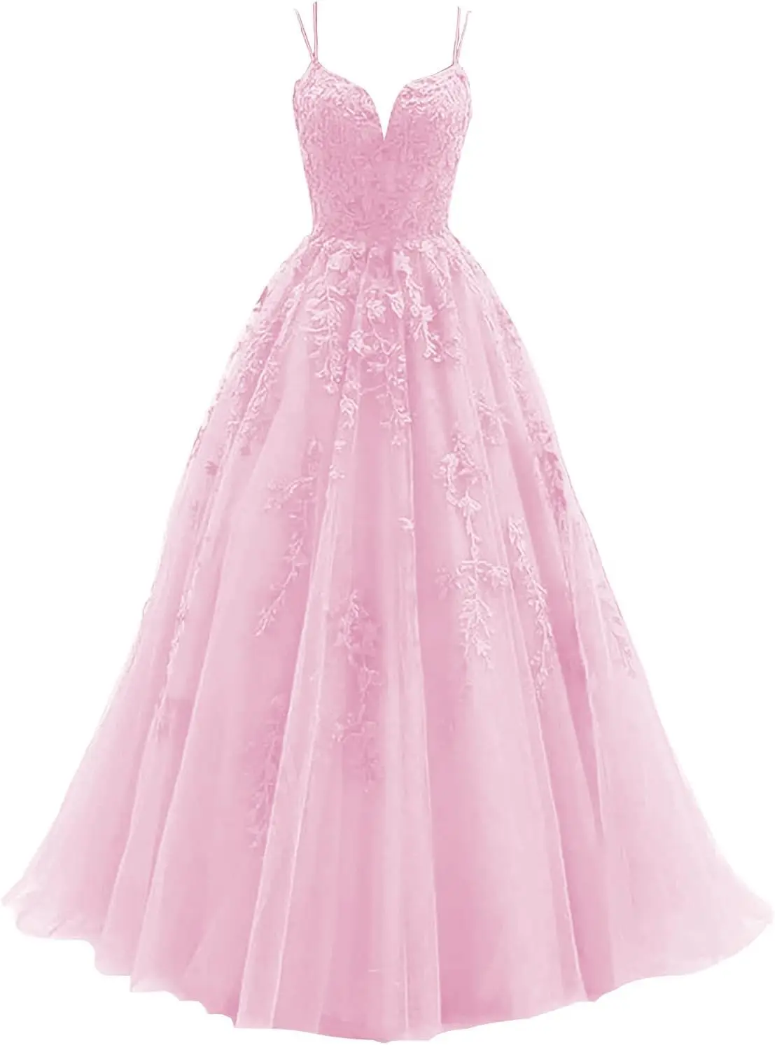 

Lace Applique Tulle Long Ball Gown Prom Dress Spaghetti Straps Wedding Dresses Formal Evening Party Dress