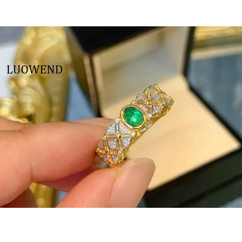 

Кольцо LUOWEND из 100% 18-каратного желтого золота, винтажное, в дворцовом стиле, с блестящими бриллиантами и натуральным изумрудом, для женщин, для свадьбы и торжественных мероприятий
