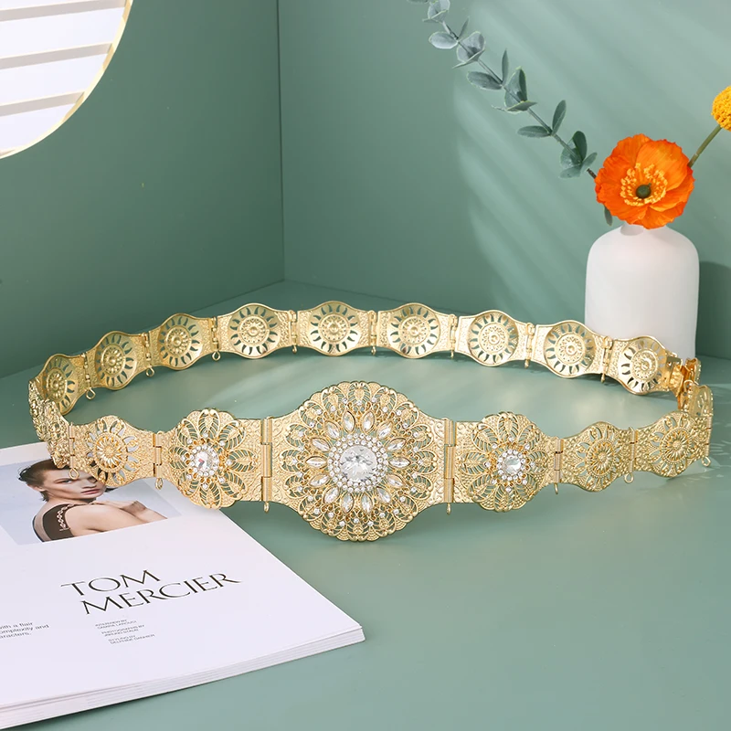 

Gold Color Morocco Style Bridal Wedding Belt For Women Crystal Hollow Arabesque Caftan Waist Belt Adjustable Length
