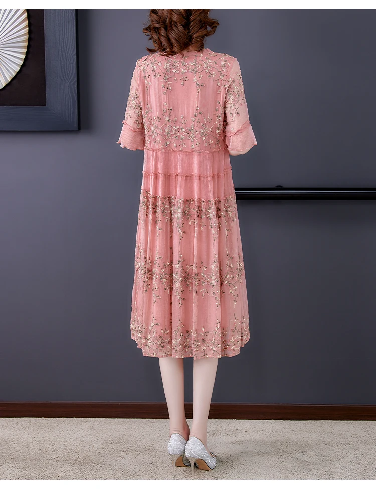 Mesh Embroidered Silk Pink Floral Dress Women 2022 Summer New Loose Large Size 5XL Over Knee Dress Casual Party Women