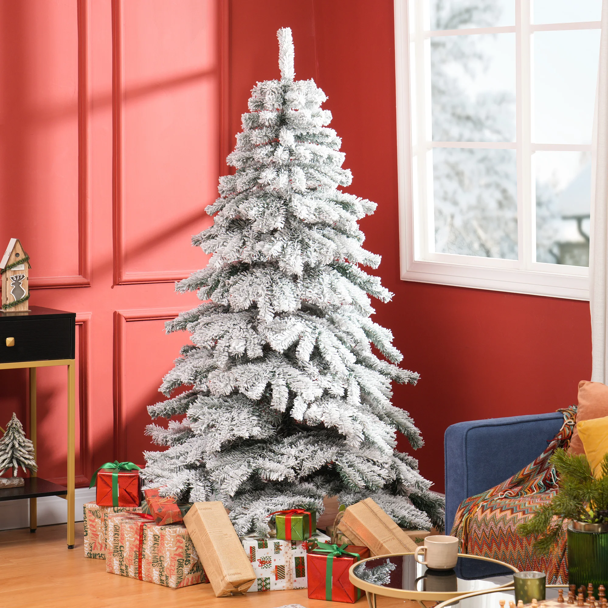 HOMCOM Árbol de Navidad 180 cm con 627 Ramas y Soporte de Metal Verde y Blanco