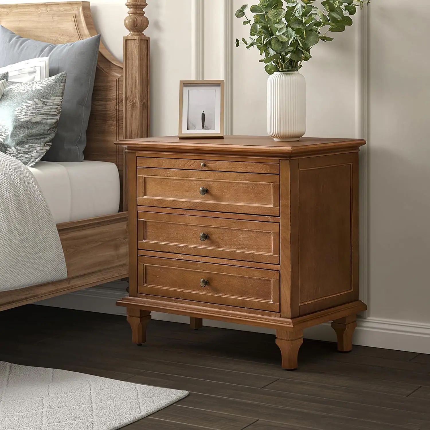 3 Drawer Nightstand with Charging Station, Drawer Organizer with Wood Legs, Nightstand with Pull-Out Shelf(Acorn)