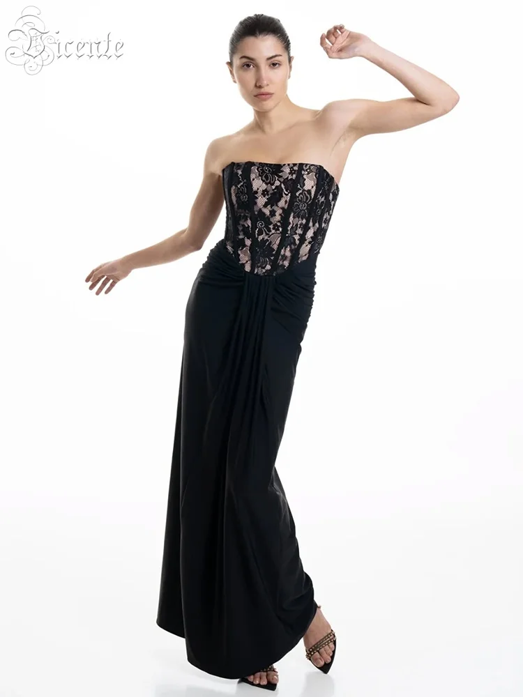 

VC Layered Black Strapless Lace Corset & Draped Drama Dress for Fashion Events Gown