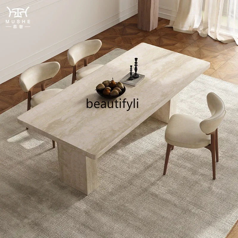 French retro travertine rock slab dining table and chair combination modern home designer dining table