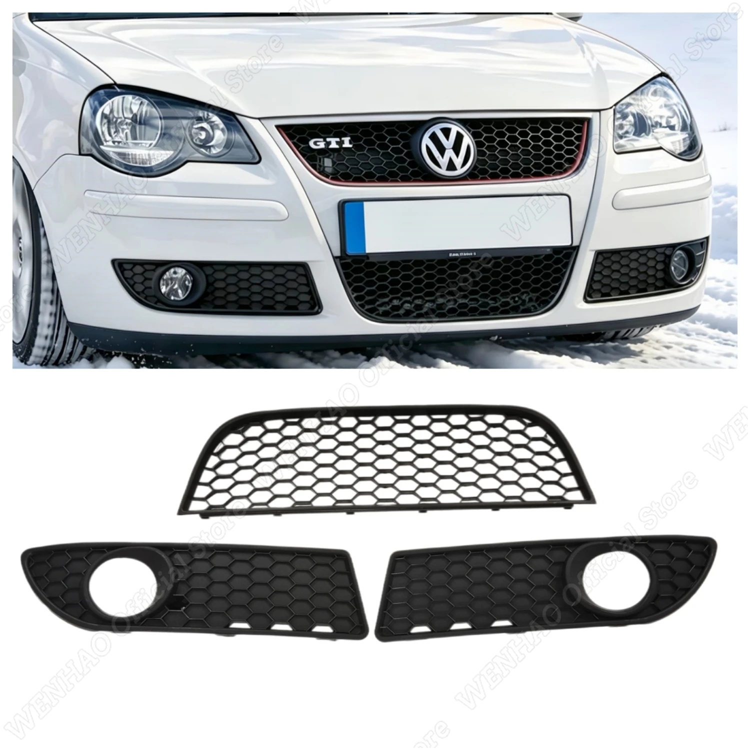 3Pcs Matte Black Car Fog Light Cover Bumper Center Grille For VW POLO MK4 9N3 2006-2009 GTI Honeycomb Grilles Tuning Body Kits
