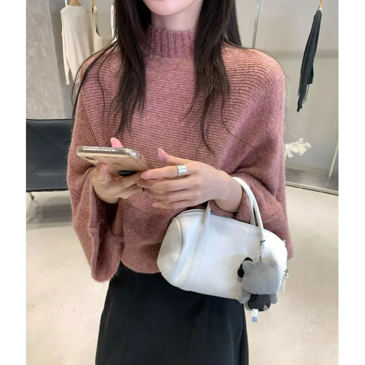 سترة نسائية محبوكة عالية Ne Long Sve Batwing Sve Lazy Sle قسط غرامة الصوف علوية الخريف الشتاء Faion