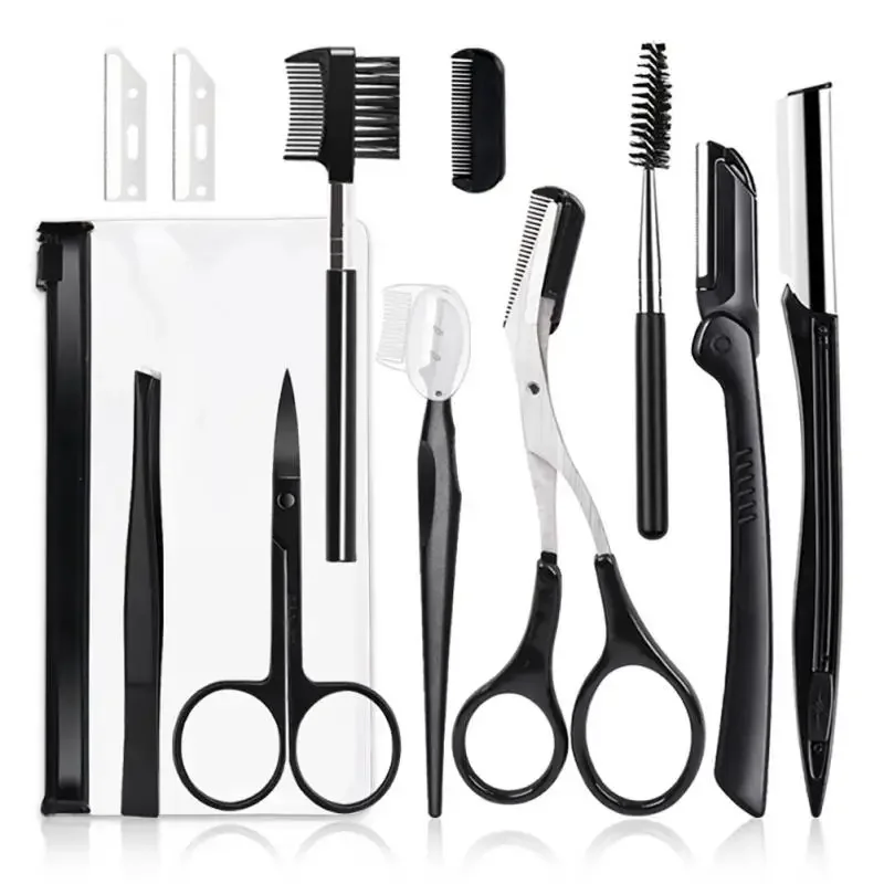 Black Eyebrow Trimming Scissors Stainless Steel Tweezers Eyebrow Scraping Eyebrow Comb Razor Eyebrow Clip Makeup Tools Sets