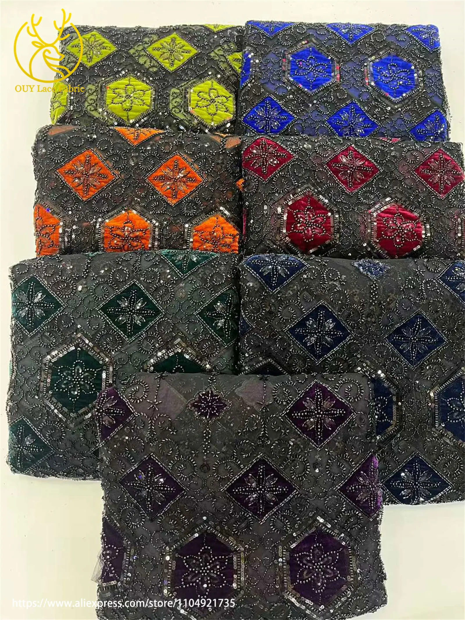 アフリカの豪華なベルベットビーズ刺繍レース生地2025フランス製スパンコールレース生地、女性用パーティーディナードレス縫製用5ヤード