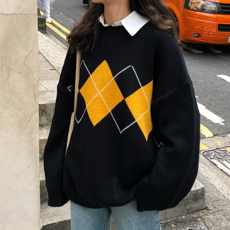 Fashion Long Sleeve O-neck Knitted Pullovers Women Winter Korean College Loose Jumper Women Style Argyle Plaid Sweater