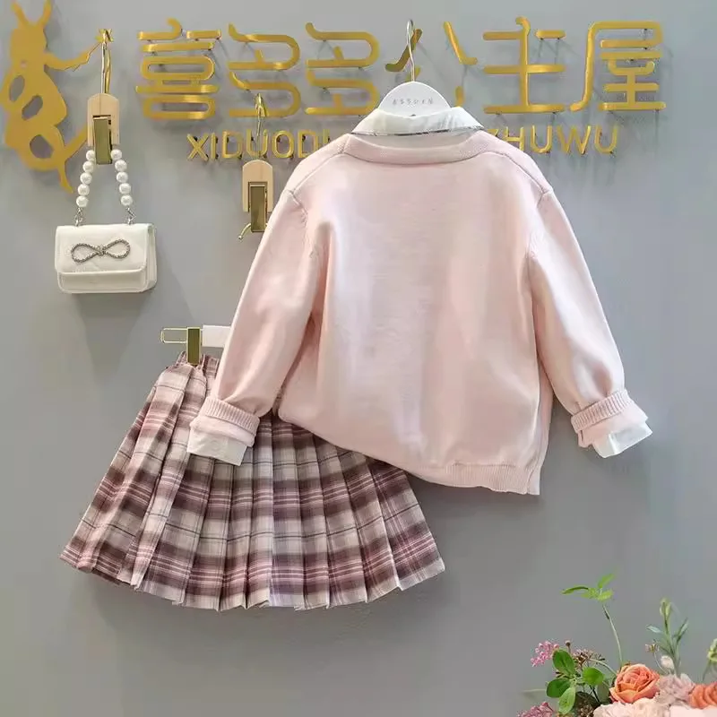 Sanrio Girls' Jk Set 2024 Spring Outfit New Kuromi Cartoon College Style Sweater Long Sleeved Shirt Children'S Three Piece Set