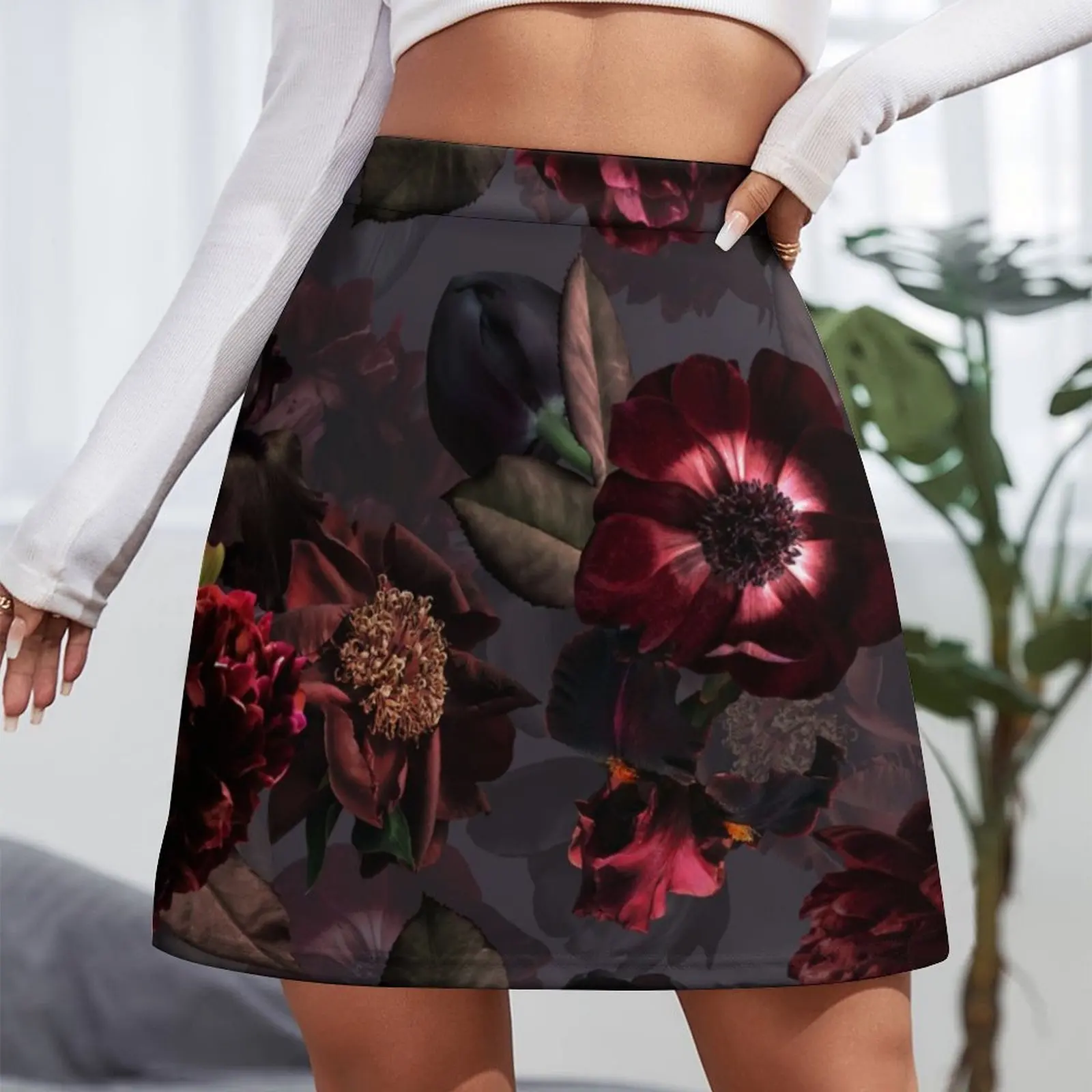 Dark Purple Gray Midnight Roses Botanical Night Garden Mini Skirt Evening dresses Summer skirt Skirt shorts Mini