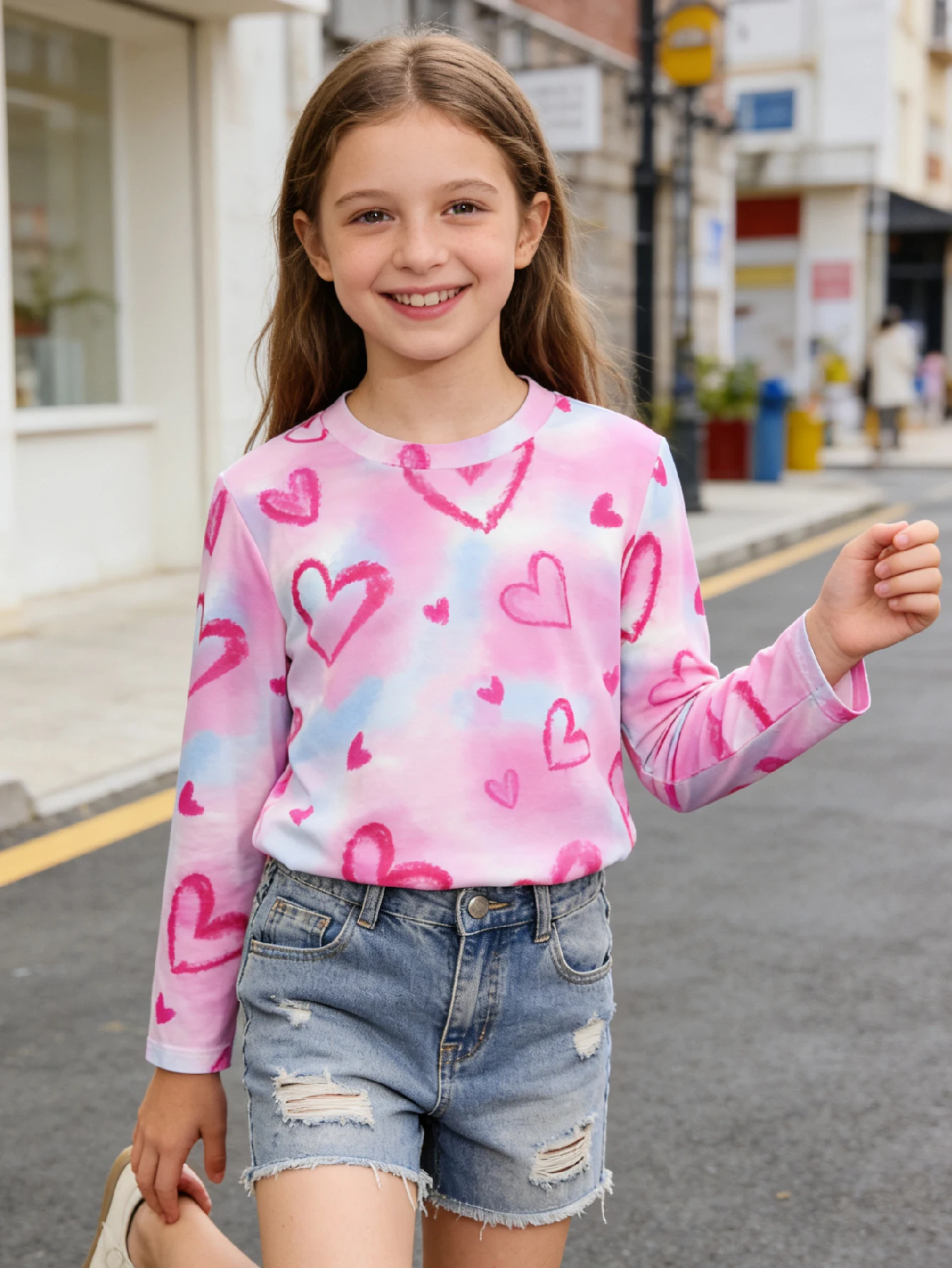 

2026 Girls tie-dye love-printed long-sleeved T-shirt, loose summer casual fashion top