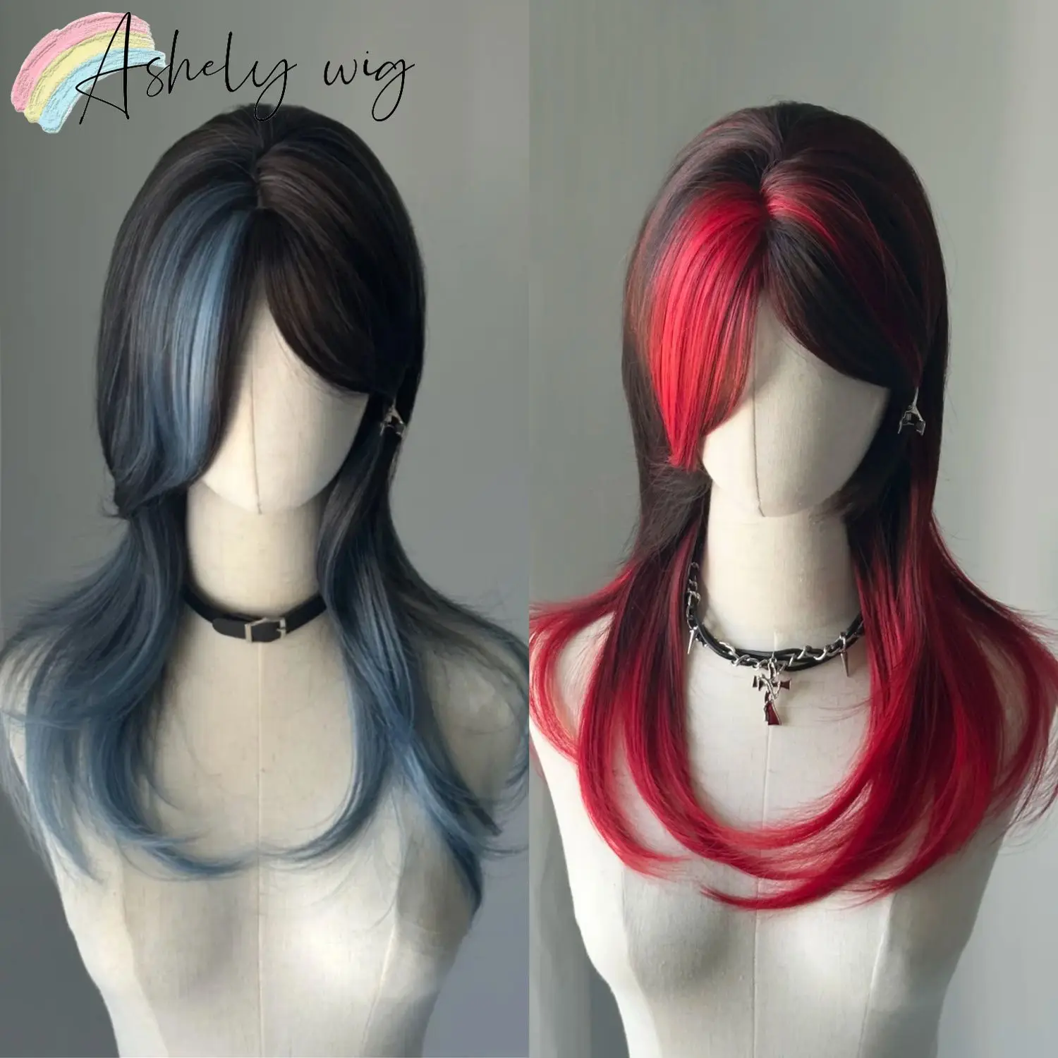 

Ashely Highlight Wig with Curtain Bangs 18inch Long Straight Wig Y2k Hairstyle High Temperature Fibers Synthetic Wigs Cosplay