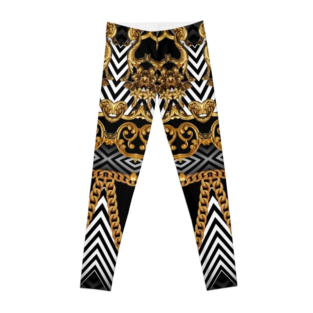 

Golden ornamental baroque with black and white geometric zigzag Leggings push up tights for Women