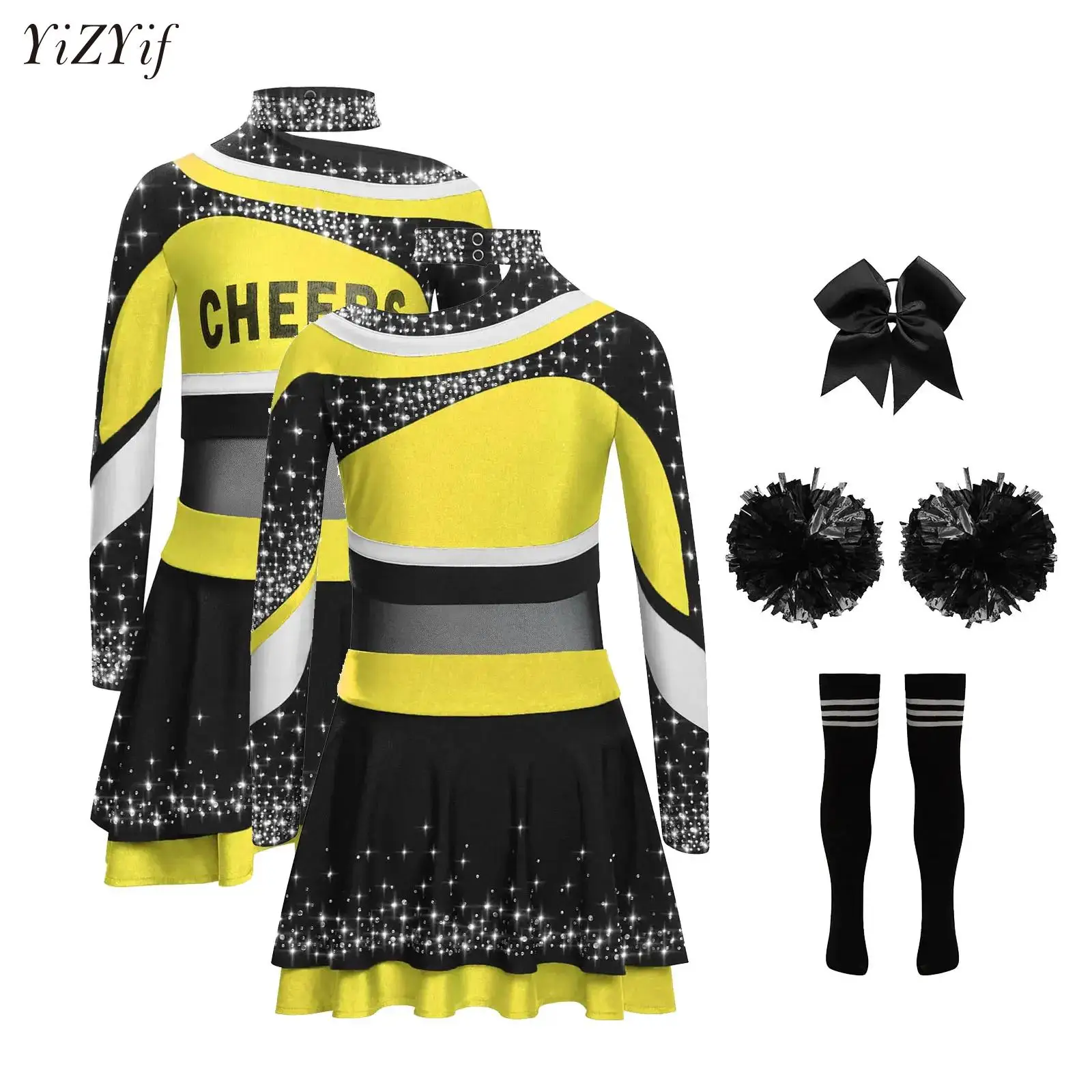 

Kids Girls Cheerleading Outfits Letter Print Top+Skirt+Headwear+Socks+Flower Balls Set for Halloween Cosplay Party Performance