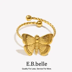 E.B.belle Vintage Insect Design Jewelry Stainless Steel 18K Gold Plated Adjustable Butterfly Rings For Women Resizable Ring