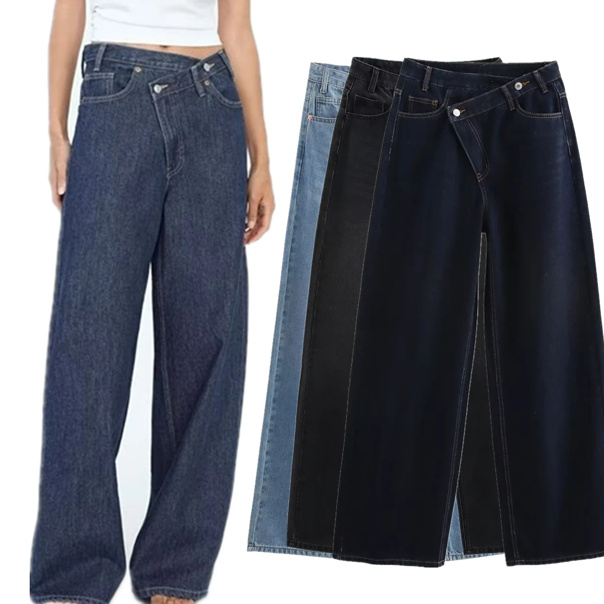 Jenny&Dave Vintage Mom Jeans British Minimalist Asymmetrical Waist Loose Jeans Women Boyfriend Style Washed Denim Pants